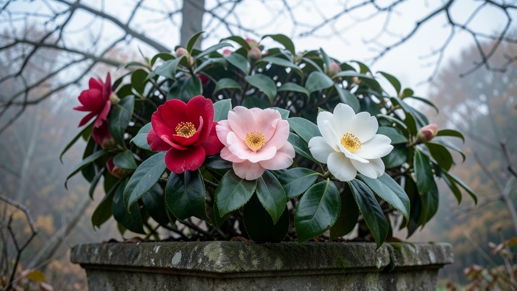 Camellia Glossy Leaves and Romantic Flowers