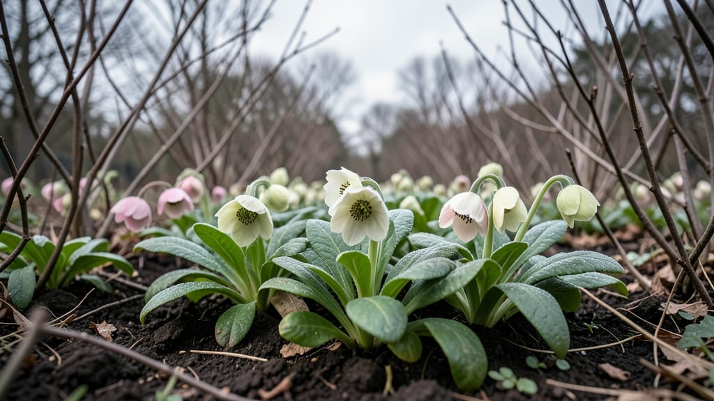 Hellebores with Nodding Green and White Flowers