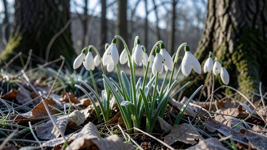 Snowdrop Flowers in Woodland Shade